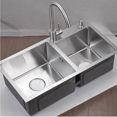 Square Hand Made 304 Stainless Steel Double Bowl Kitchen Sink